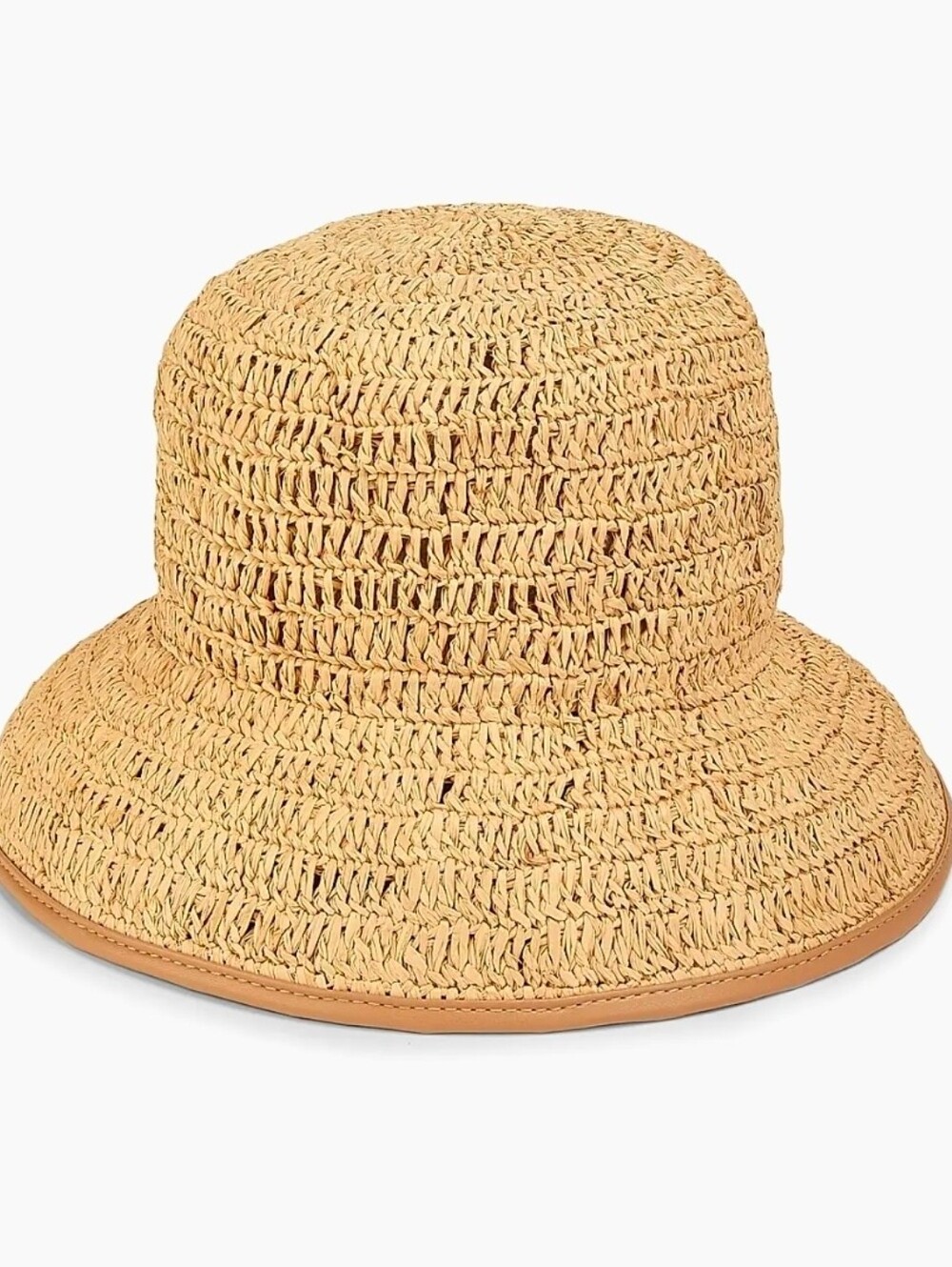 Vince Natural Crochet Raffia Bucket Hat Size S/M NWT Leather Trim